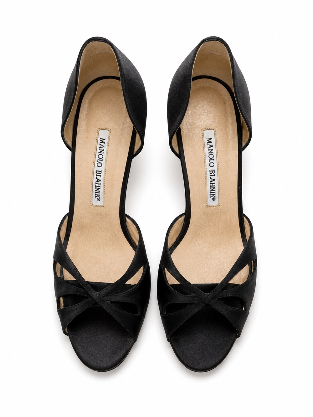 Manolo Blahnik Black Satin D'Orsay Open-Toe Heels